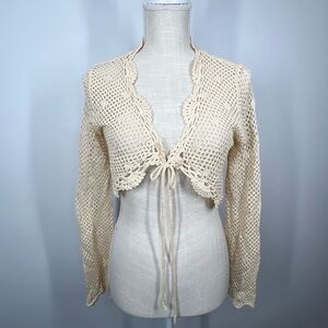 Cider Knit Hollow Out Crop Cardigan Crochet Tie Front Flare Sleeves Medium